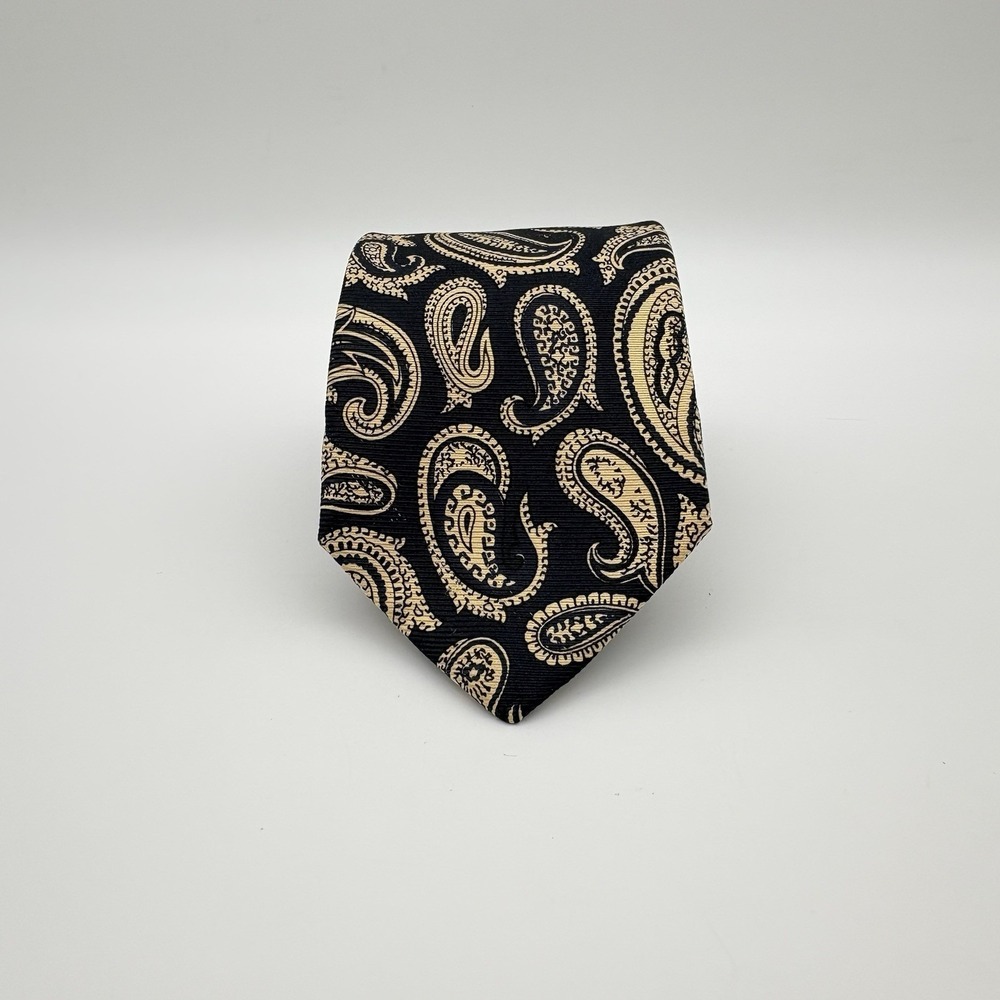 Saks Fifth Avenue Black Background With Gold Paisley Pattern Silk Necktie
